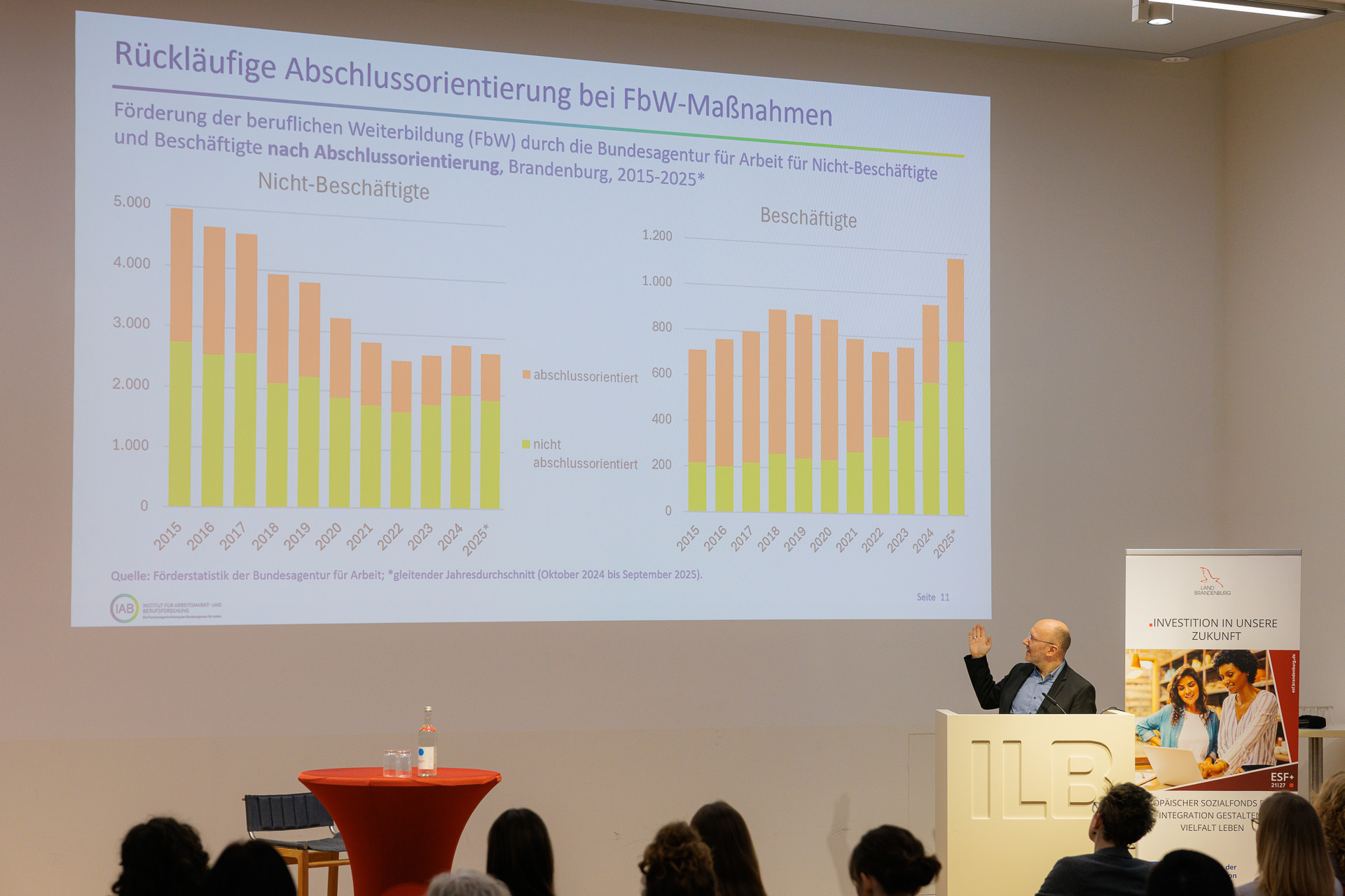 Bild: Dr. Holger Seibert vom Institut für Arbeitsmarkt- und Berufsforschung hält einen Vortrag, im Hintergrund seine Präsentation..