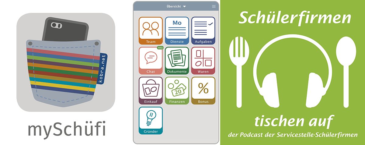 App-Icon der App mySchüfi, gefolgt von einem Screenshot aus der Anwendung, der alle Tools zeigt und dem Logo des Podcasts 'Schülerfirmen tischen auf'.