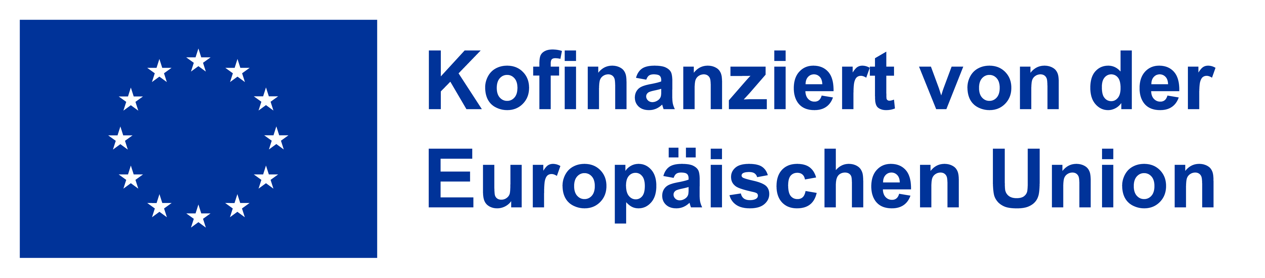 EU-Logo für die neue Förderperiode 2021-2027, horizontal angeordnet mit EU-Flagge mit weißen Sternen und Schriftzug in blau 'Kofinanziert von der Europäischen Union' (RGB, PNG)