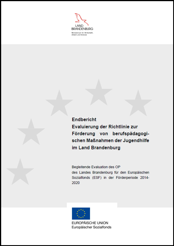 Bild zeigt das Deckblatt des PDF-Dokuments mit der Evaluierung der Richtlinie zur Förderung von berufspädagogischen Maßnahmen der Jugendhilfe im Land Brandenburg