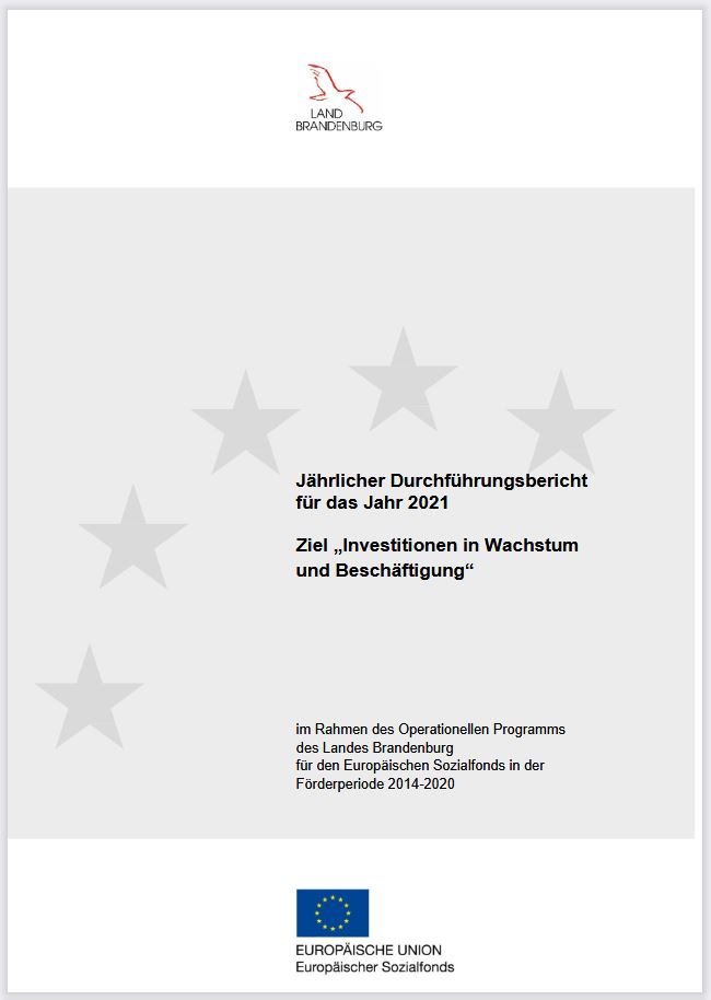 Deckblatt des 98-seitigen PDF-Dokuments "ESF-Durchführungsbericht des Landes Brandenburg 2021"