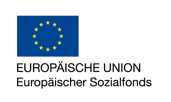 EU-Logo mit EU- und ESF-Schriftzug linksbündig unter der Fahne