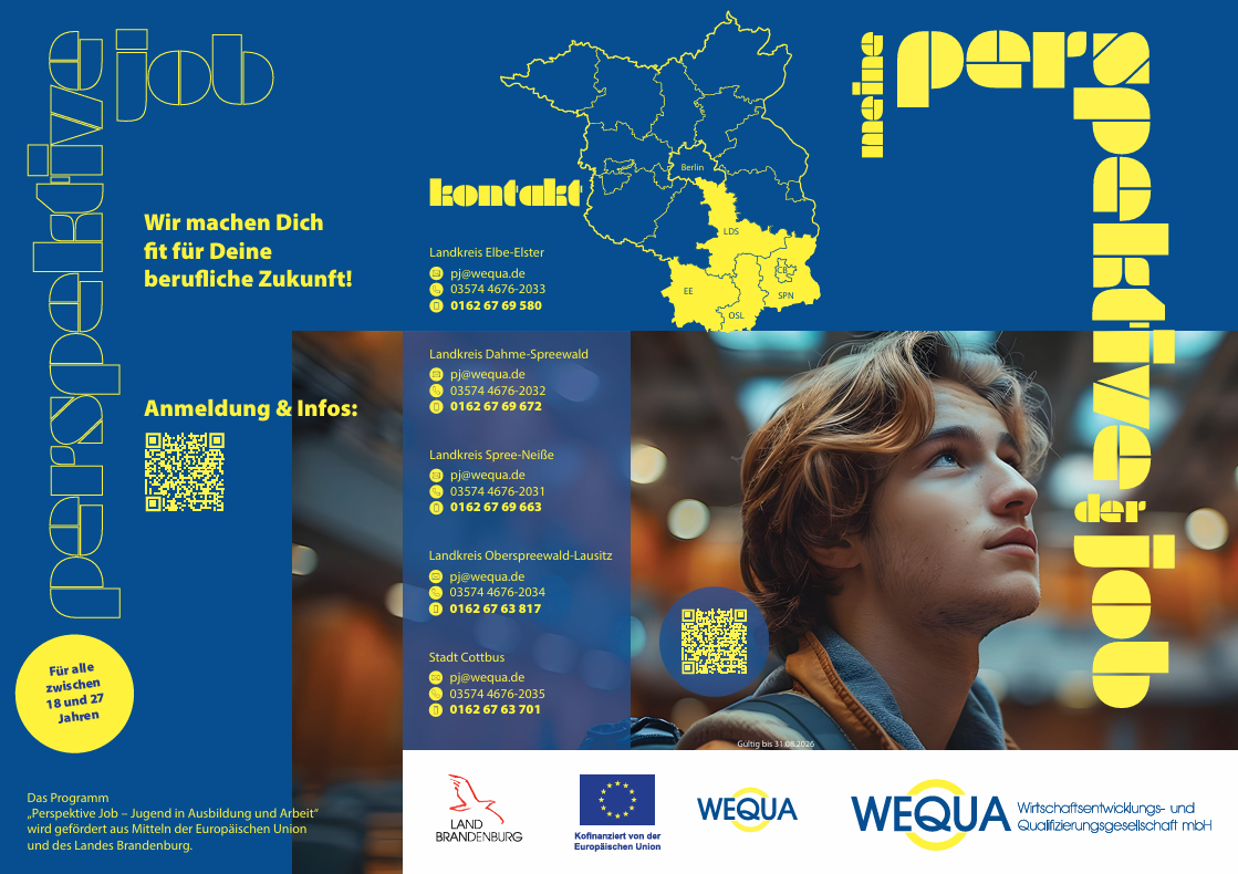 Flyer der WEQUA zu 'Perspektive Job' mit zahlreichen Kontaktmöglichkeiten.