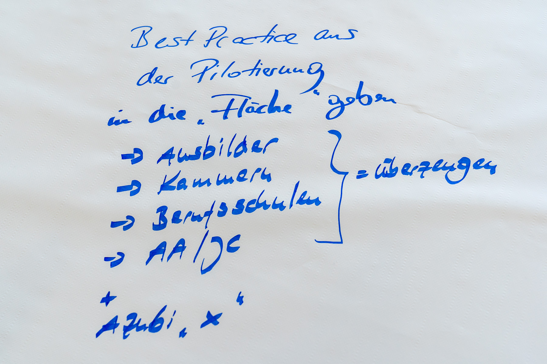Bild: Bild zeigt Texte auf Thementisch 4: "Best Practice aus der Pilotierung in die "Fläche" geben (untergliedert in) Ausbilder; Kammern; Berufsschulen; AA/JC > überzeugen; + Azubi "X""