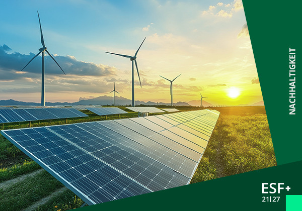 Rubrikbild-Nachhaltigkeit (AdobeStock: kitidach) Ein KI-generiertes Bild zeigt eine große PV-Anlage auf einer Wiese, im Hintergrund ein Sonnenuntergang und Windräder.
